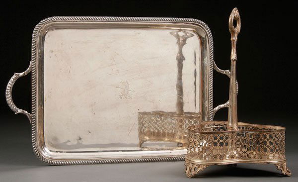 GEORGIAN PERIOD SHEFFIELD PLATE TRAY & WINE CASTOR: A GEORGIAN SILVERPLATE TRAY AND VICTORIAN WINE BOTTLE CASTOR. The tray with gadrooned rim and two handles stamped with spurious crowned leopards head, capital "A" date letter and crossed keys marks. T