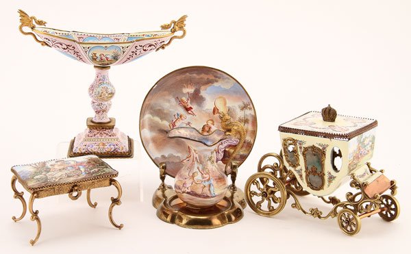 FOUR VIENNESE ENAMELED METAL CABINET MINIATURES: FOUR VIENNESE ENAMELED METAL CABINET MINIATURES, 20TH CENTURY. Comprising a Neoclassic decorated two handled coupe, a carriage with removable cover, a parlor table with drawer painted with a romantic 
