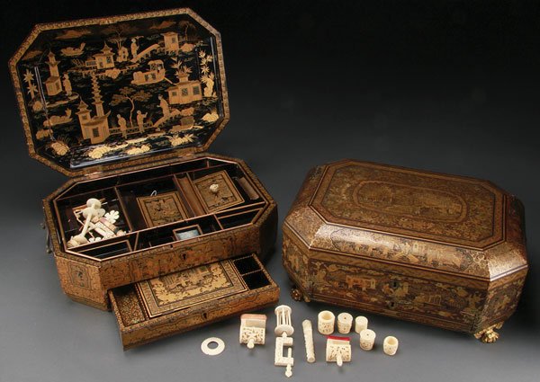 PAIR OF CHINESE EXPORT GILT LACQUER SEWING CHESTS: A PAIR OF FINE CHINESE EXPORT GILT LACQUER SEWING CHESTS. Of rectangular form with chamfered corners, each finely painted in gilt with scenic reserves and foliate decoration. The hinged lids lifting t