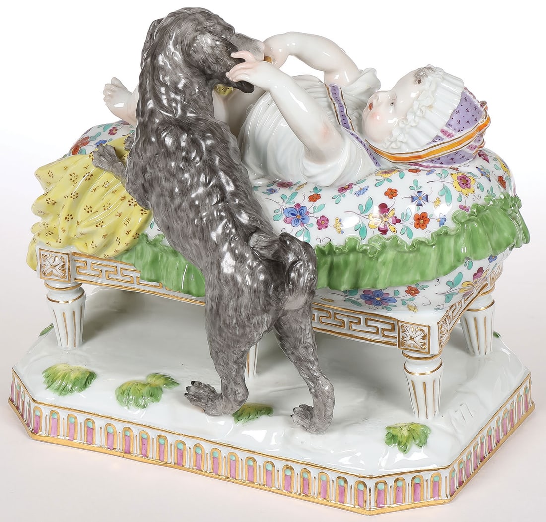 VERY FINE MEISSEN PORCELAIN GROUP: VERY FINE MEISSEN PORCELAIN GROUP. Comprising a finely modeled and finely decorated Meissen porcelain group depicting a child with dog (The Placidness of Childhood), modeled by Michel Victor Acier (17