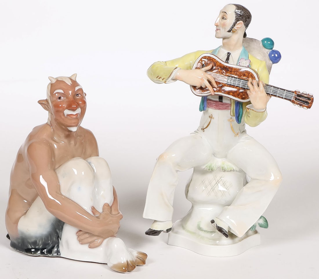 PR OF GOOD MEISSEN FIGURINES: PR OF GOOD MEISSEN FIGURINES. Comprising a Spaniard with Lute, blue underglaze crossed swords, incised model number 67076, as designed by Paul Scheurich (1883-1945). Together with Sitting Faun, blue c