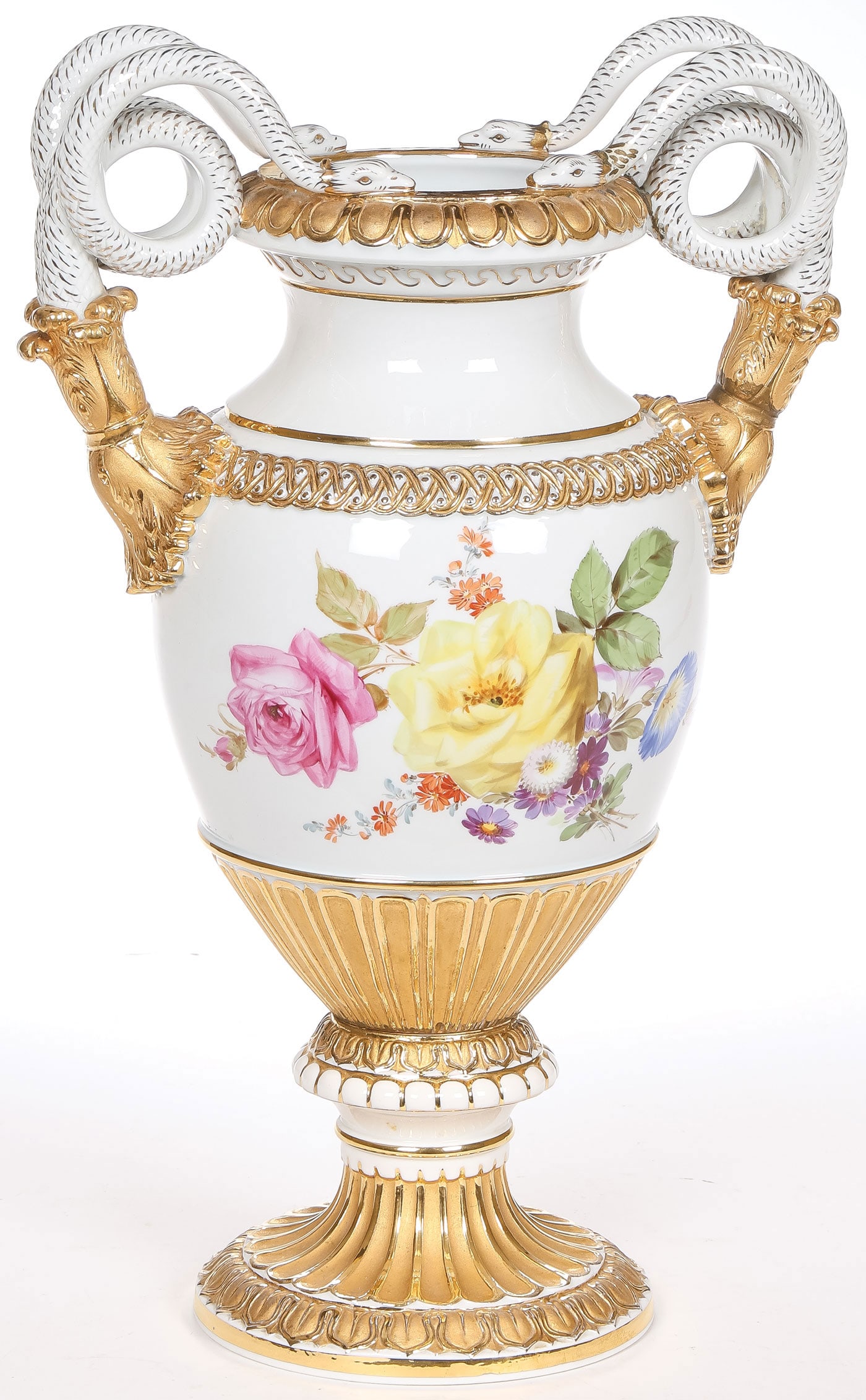 A FINE MEISSEN SNAKE HANDLE VASE, 19th C (1 of 4)