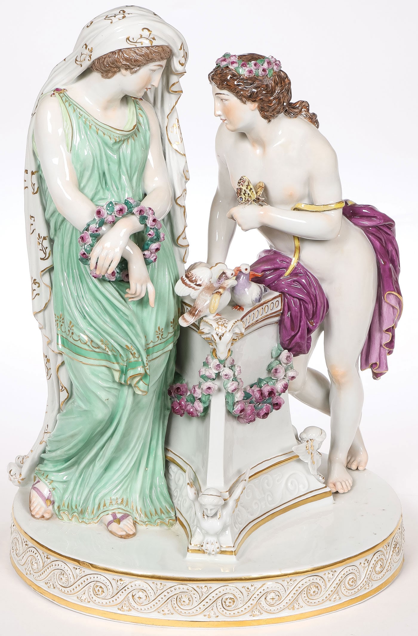 LARGE MEISSEN PORCELAIN GROUP LOVE CAPTURED: LARGE MEISSEN PORCELAIN GROUP LOVE CAPTURED. Comprising a large and impressive, finely decorated Meissen porcelain figural grouping of Love Captured, modeled by Christian Gottfried Jüchtzer (1752