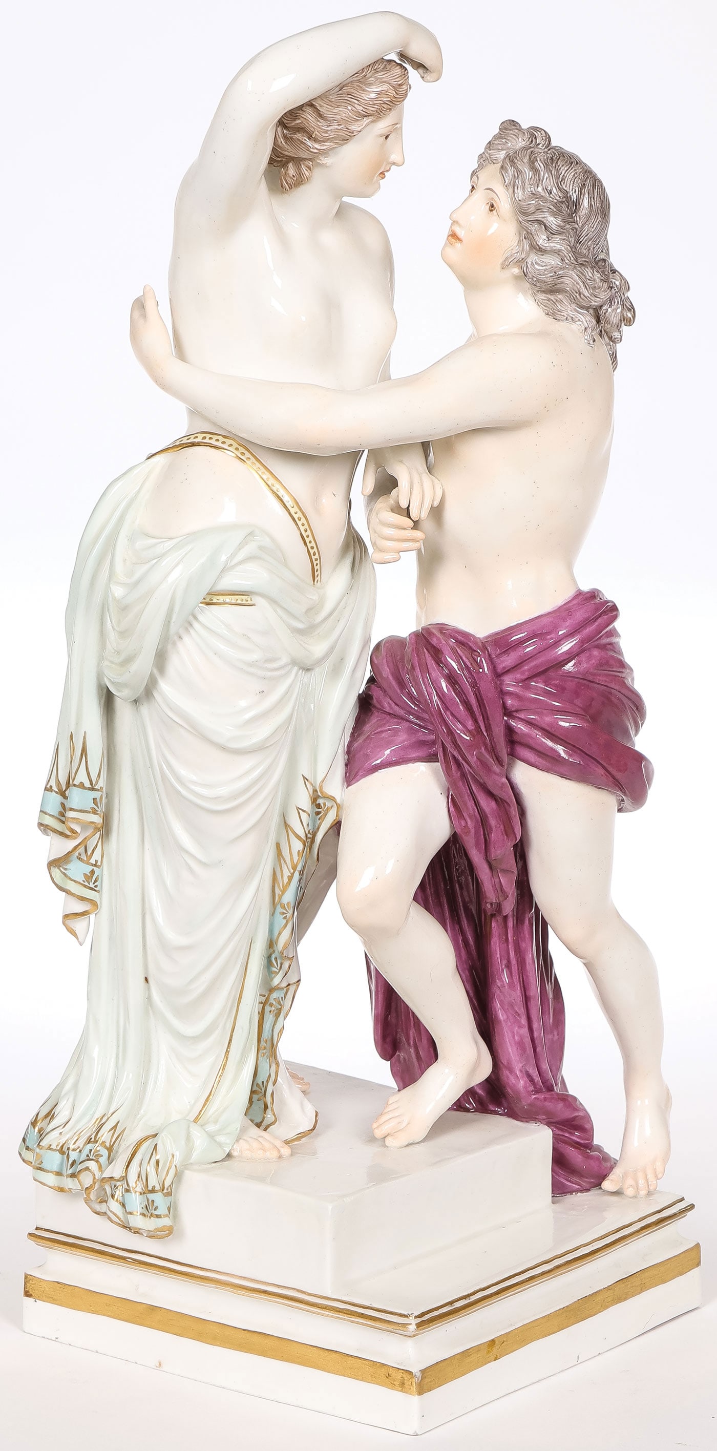 MEISSEN FIGURE OF HERO & LEANDER: MEISSEN FIGURE OF HERO & LEANDER. Comprising a finely modeled Meissen porcelain figure of Hero and Leander after the design by Christian Gottfried Jüchtzer (1752-1812). Underside with blue underg