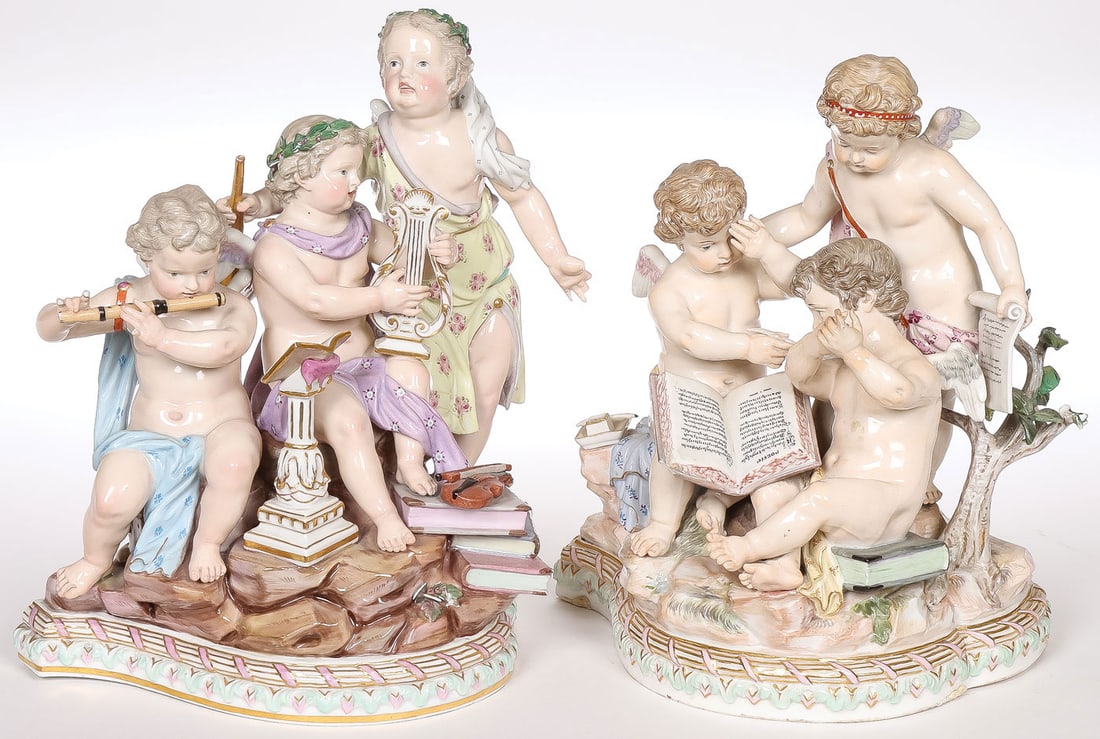 PAIR OF MEISSEN PORCELAIN GROUPINGS: PAIR OF MEISSEN PORCELAIN GROUPINGS. Comprising a pair of Meissen porcelain figural groupings including an Allegory of Literature, incised model number 12 and impressed number 85, and an Allegory of M
