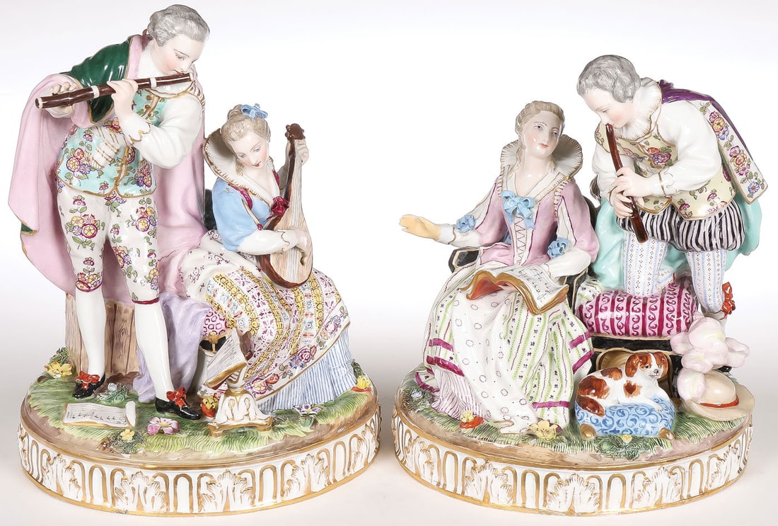 PAIR OF MEISSEN PORCELAIN GROUPINGS: PAIR OF MEISSEN PORCELAIN GROUPINGS. Comprising a pair of finely decorated Meissen porcelain figural groupings of Musicians. Underside of each with blue underglaze cross swords mark, and one with