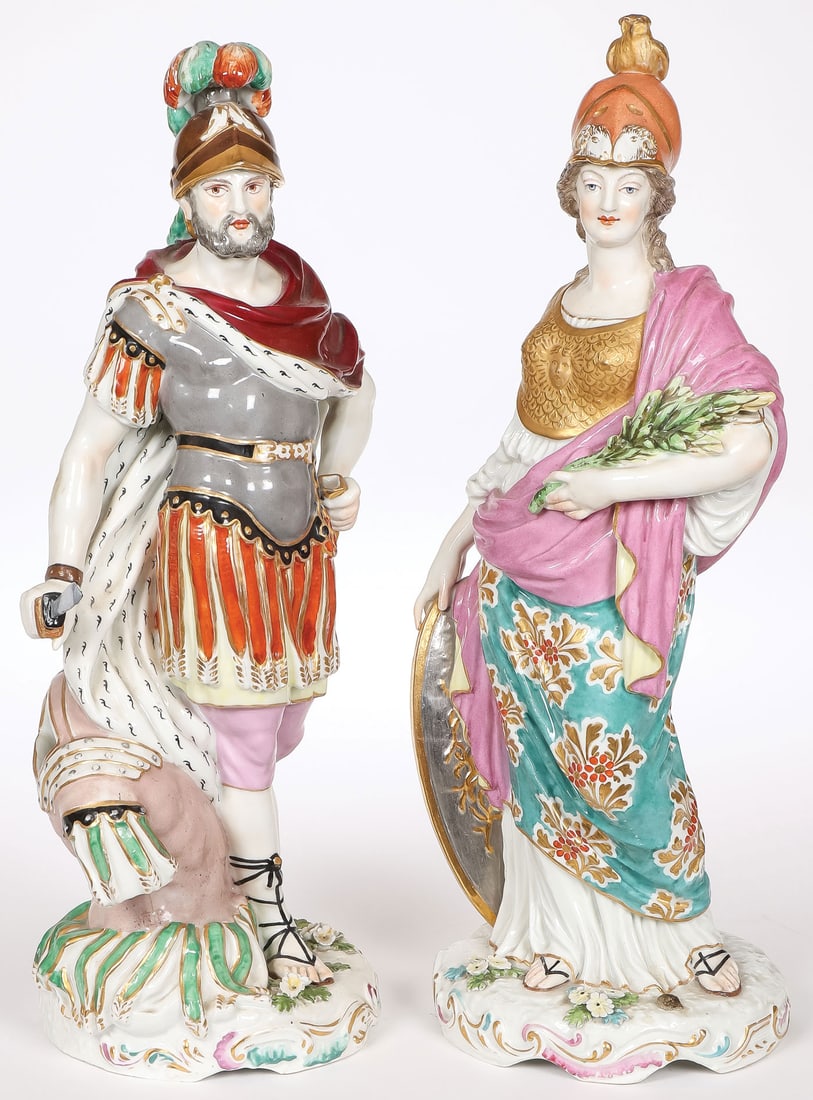 PAIR OF LARGE SCARCE CHELSEA FIGURINES, 19TH C: PAIR OF LARGE SCARCE CHELSEA FIGURINES, 19TH C. Comprising a pair of finely modeled and decorated Chelsea porcelain figures, one depicting Mars, the other Minerva, both with gold anchor mark on the