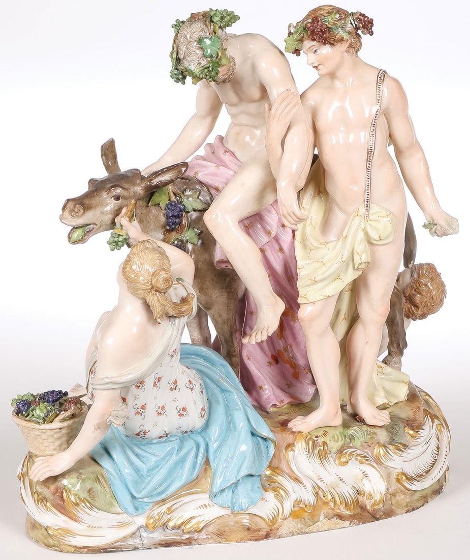MEISSEN PORCELAIN GROUP SILENUS ON DONKEY: MEISSEN PORCELAIN GROUP SILENUS ON DONKEY. Comprising a finely modeled and sensitively painted figural grouping of Silenus on a donkey. Underside with blue underglaze crossed swords mark, incised mode