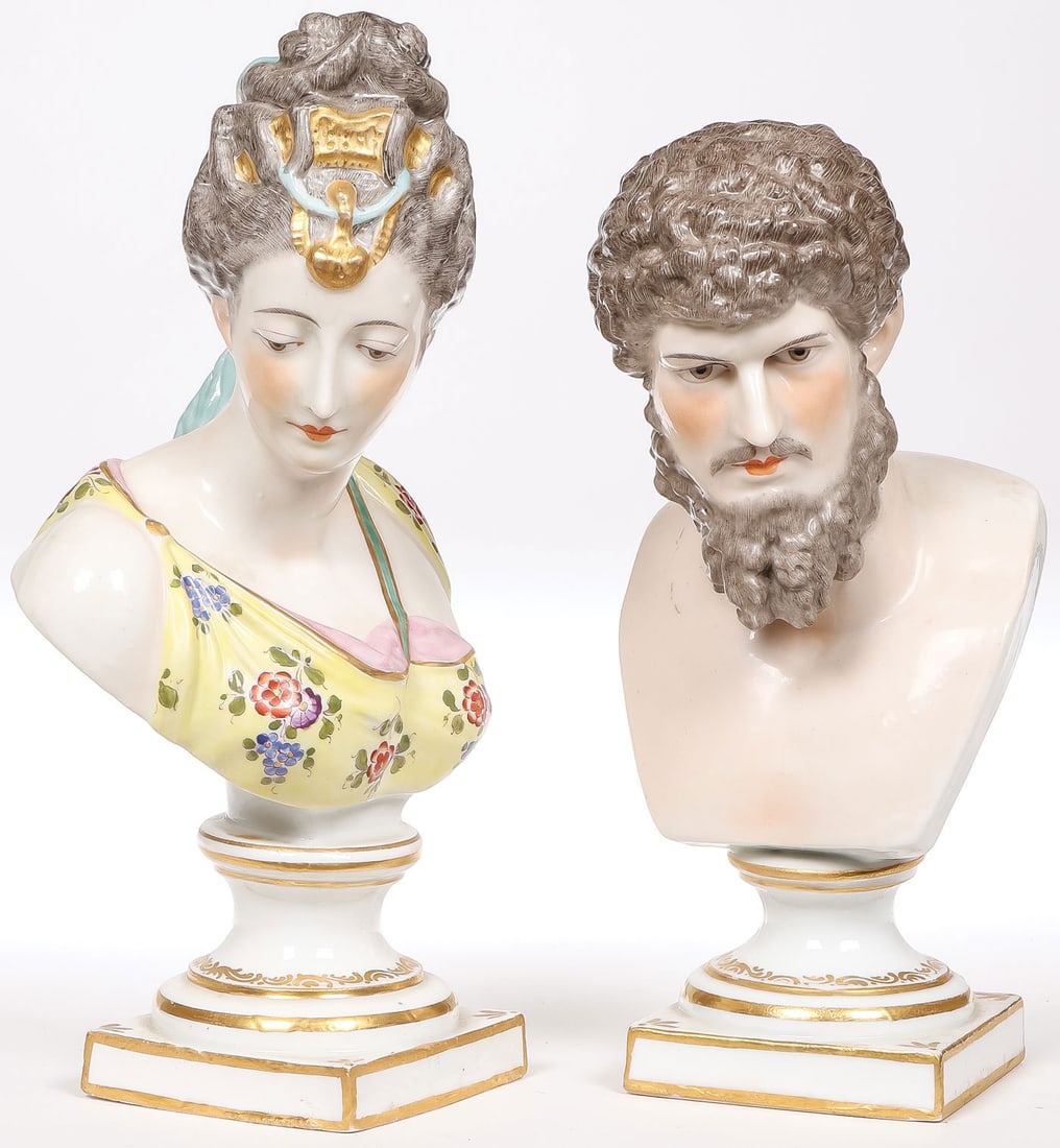 PAIR OF MEISSEN BUSTS: PAIR OF MEISSEN BUSTS. Comprising a pair of finely modeled Meissen busts depicting a Roman emperor and empress. Both on integral socle pedestals and each with blue underglaze crossed swords mark.