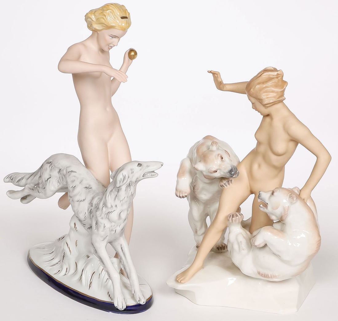 PR OF PORCELAIN NUDES WITH ANIMALS: PR OF PORCELAIN NUDES WITH ANIMALS. Comprising a finely modeled nude with polar bears by Hutschenreuther. Together with a Royal Dux porcelain figure of a female nude running alongside a grayhound, as 