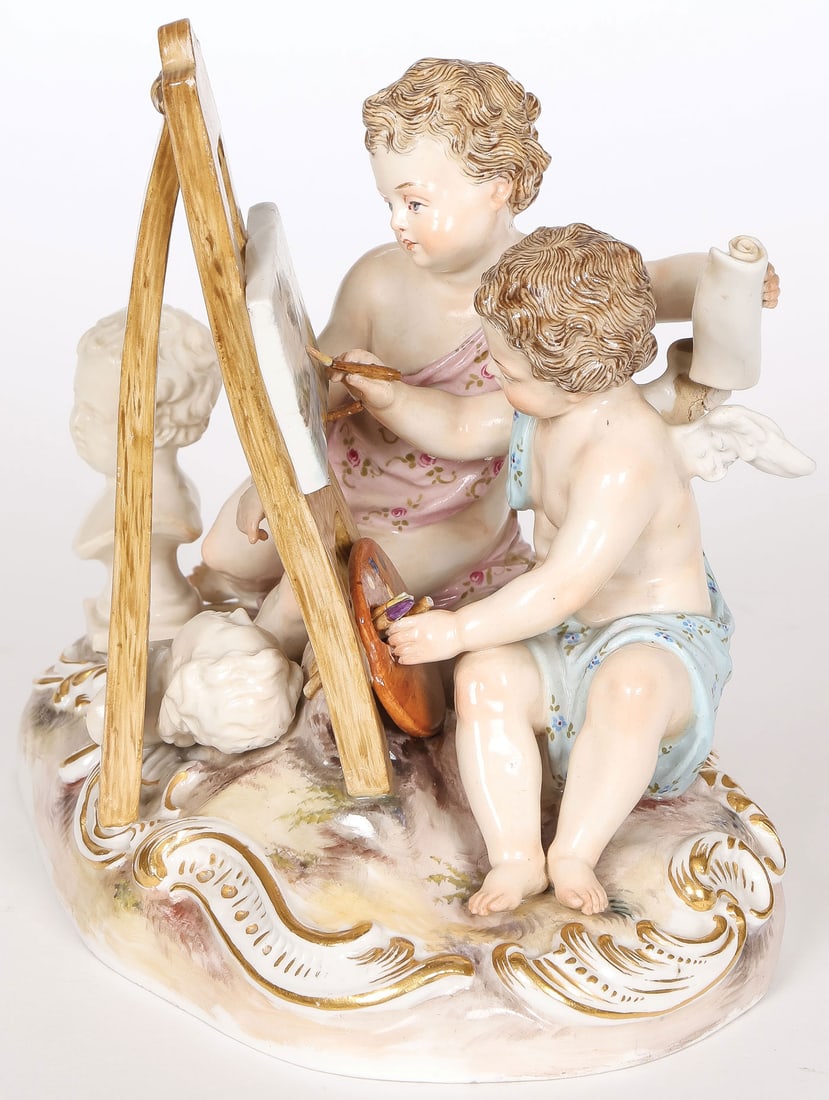 GOOD MEISSEN PORCELAIN FIGURAL GROUPING: GOOD MEISSEN PORCELAIN FIGURAL GROUPING. Comprising a good Meissen porcelain figural group depicting an Allegory of the Visual Arts after the design by Johann Joachim Kändler (1706-1775). Undersi