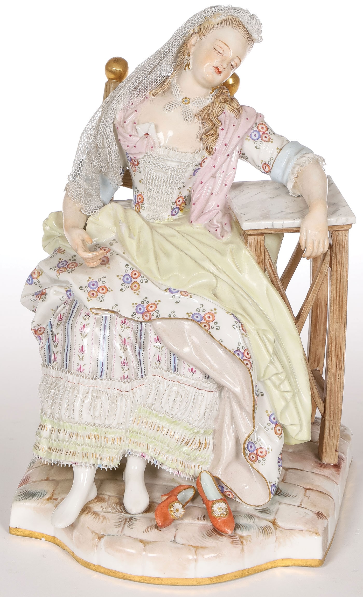 MEISSEN SLEEPING LADY PORCELAIN FIGURE: MEISSEN SLEEPING LADY PORCELAIN FIGURE. Finely modeled and painted. The underside with blue underglaze crossed swords, incised model number E-58, and impressed decorator's number 122. Height 7.5 inche
