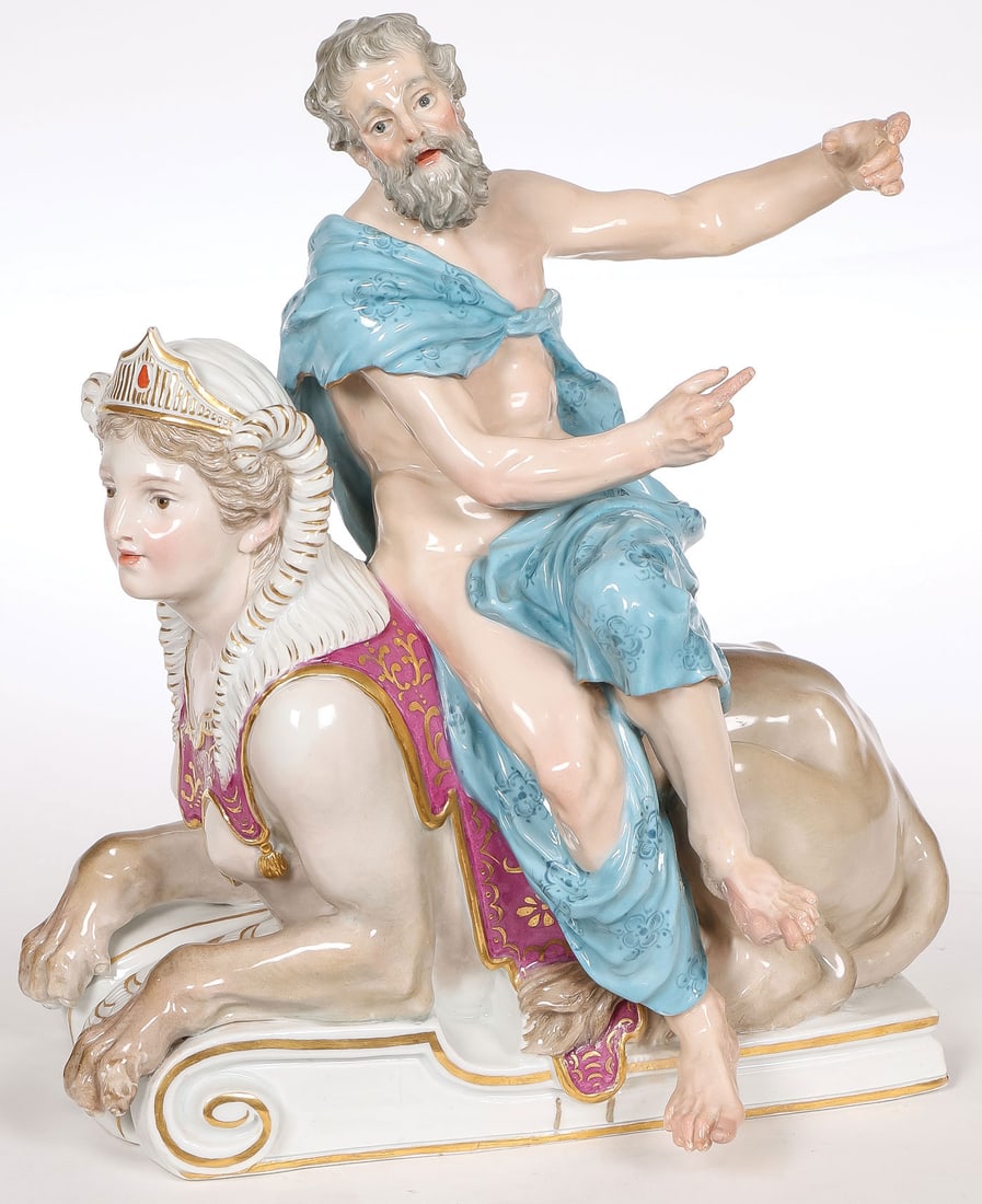 MEISSEN FIGURAL GROUP JUPITER ON SPHINX: MEISSEN FIGURAL GROUP JUPITER ON SPHINX. Comprising a finely painted Meissen porcelain figural grouping of Jupiter on a sphinx. Underside with blue crossed swords mark and incised model number 1252. H