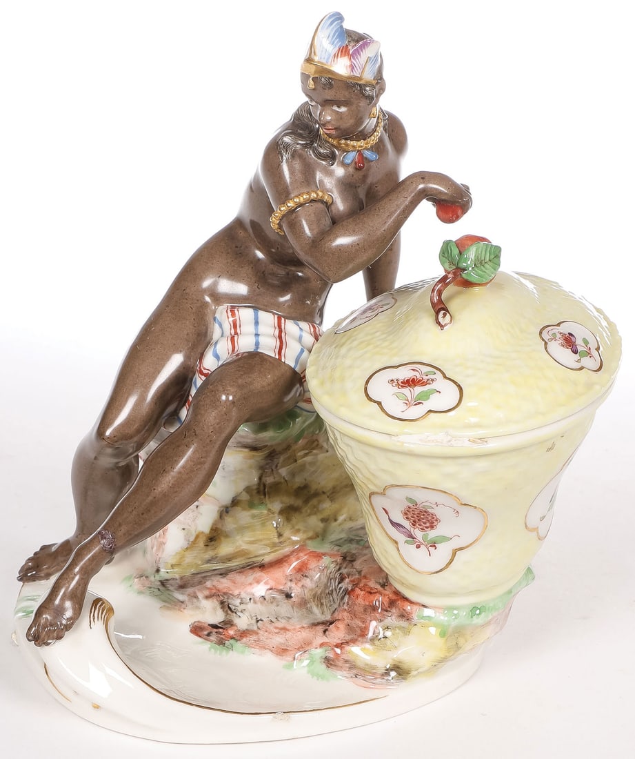 NYMPHENBURG BLACKMOORE LIDDED SWEET MEAT: NYMPHENBURG BLACKMOORE LIDDED SWEET MEAT. Finely hand-painted with gilt highlights and impressed mark on underside. Height 6.2 inches (15.7cm). SHIPPING NOTICE: If you are not using the Live Auctionee
