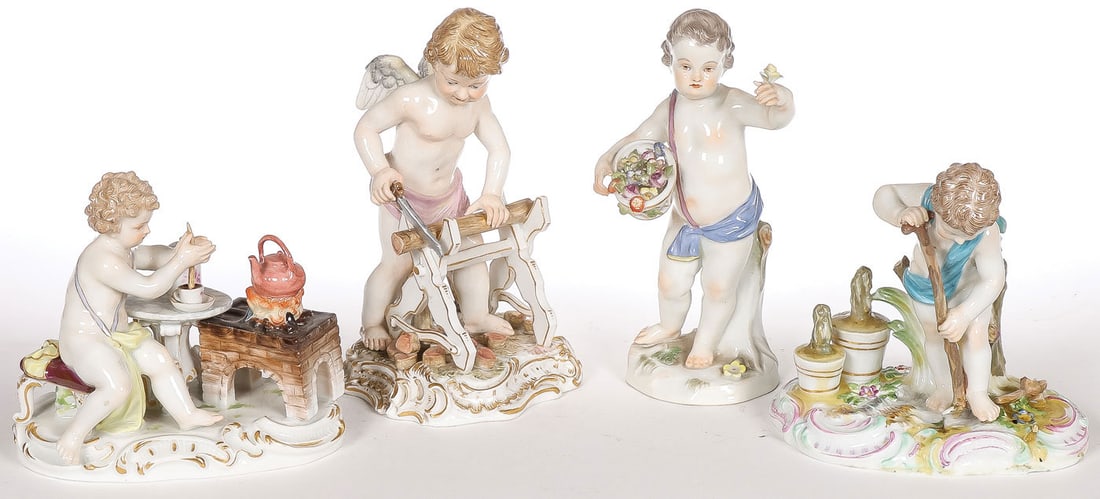 GOOD MEISSEN PORCELAIN GROUP: GOOD MEISSEN PORCELAIN GROUP. Comprising four finely modeled hand painted Meissen putti figurines. Including a putti with a basket of flowers, another digging in a garden, one sawing a heart shaped lo