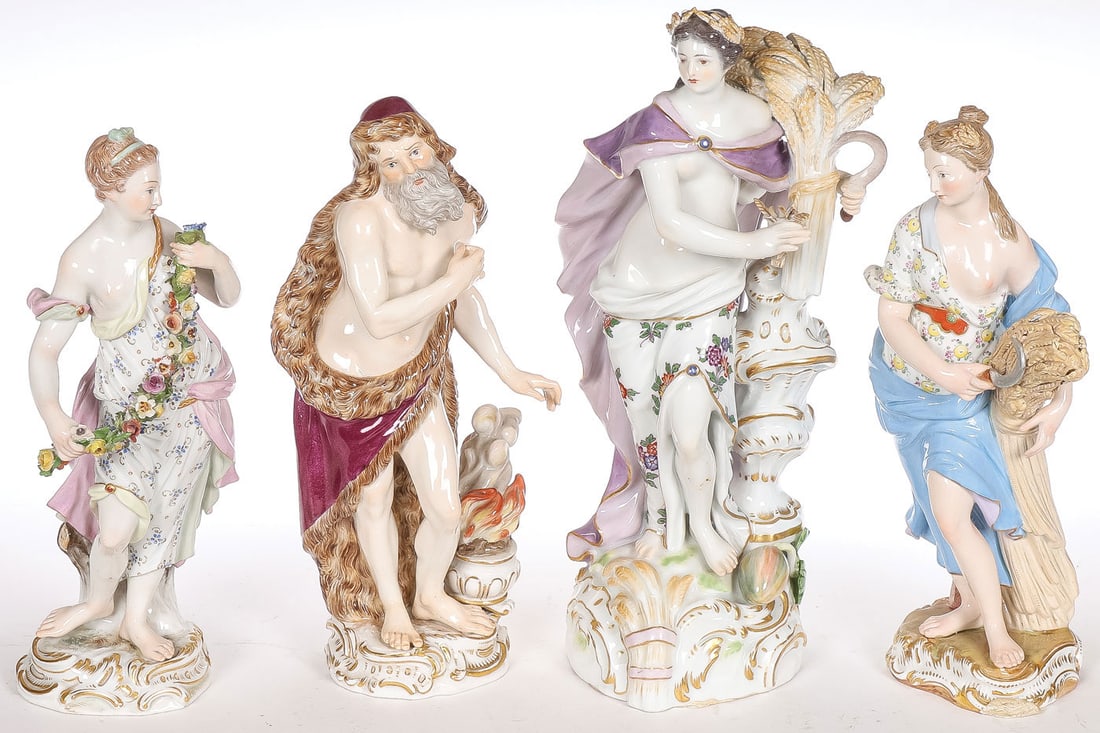 MEISSEN PORCELAIN SEASON FIGURES: MEISSEN PORCELAIN SEASON FIGURES. Comprising four individual figures, including a figure of Winter from the Four Seasons series, incised model number D83; an allegory of Spring, incised model number G
