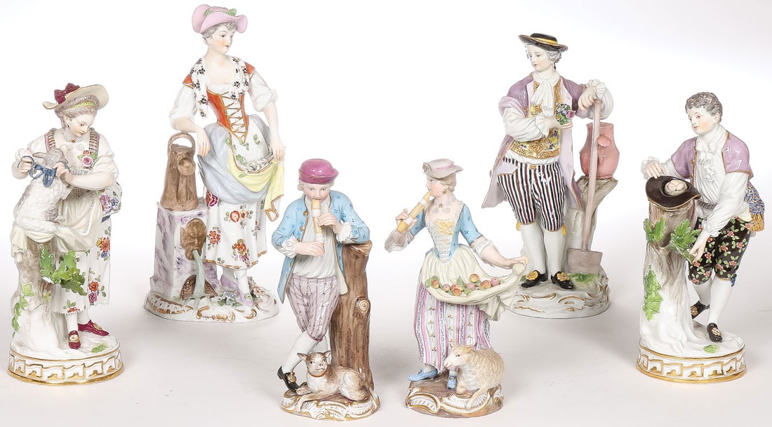 6 GOOD VINTAGE MEISSEN FIGURES: 6 GOOD VINTAGE MEISSEN FIGURES. Comprising six finely painted Meissen porcelain figures, 19th century, including a male gardener, incised model number C-69 and impressed 127, a figure of a woman with 