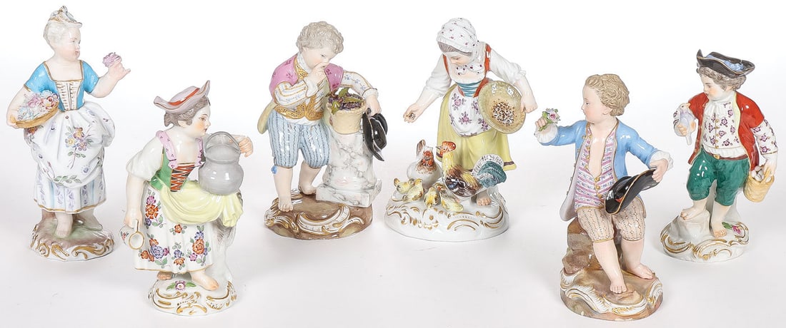 SIX MEISSEN PORCELAIN CHILDREN'S FIGURINES: SIX MEISSEN PORCELAIN CHILDREN'S FIGURINES. Each finely decorated, each with blue crossed swords marks and all but one with an incised model number on underside. Greatest height 5.5 inches (14cm). SHI