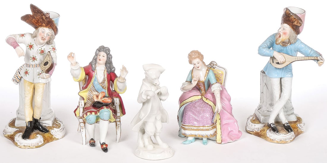5 MEISSEN PORCELAIN FIGURES: 5 MEISSEN PORCELAIN FIGURES. Comprising a pair depicting a man and woman seated in a chair in fancy attire, two troubadour vases with candle sockets behind their heads, and a white musical animal. Eac