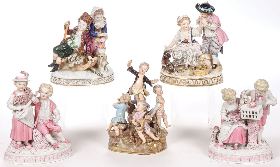 MEISSEN & OTHER PORCELAIN FIGURAL GROUPINGS: MEISSEN & OTHER PORCELAIN FIGURAL GROUPINGS, 19TH C. Comprising a group of musical children, underside with blue crossed swords mark and incised model number 2489, some losses. A young girl and boy wi