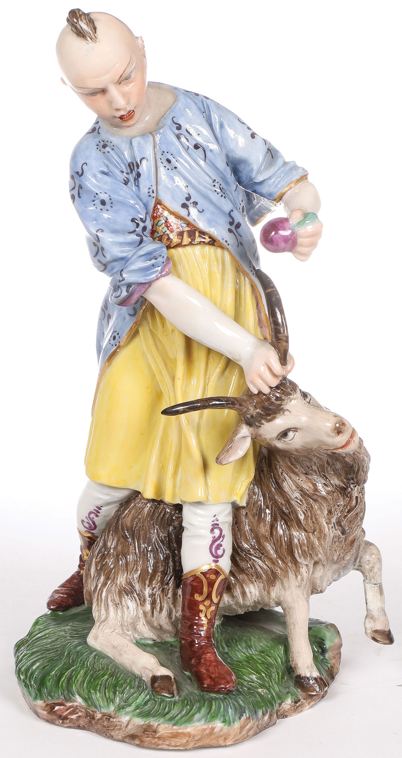 HOCHST PORCELAIN FIGURE: HOCHST PORCELAIN FIGURE. Depicting a man taming a goat, finely painted and modeled, underside with blue underglaze Höchst factory mark. Height 7.25 inches (18.4cm). SHIPPING NOTICE: If you are no