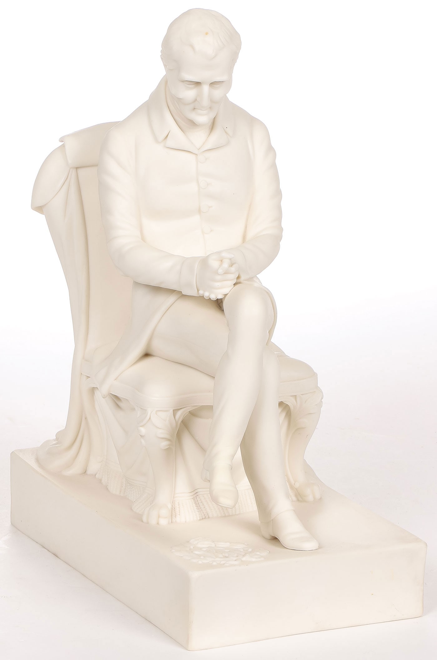 PARIAN FIGURE OF THE DUKE OF WELLINGTON: PARIAN FIGURE OF THE DUKE OF WELLINGTON. Comprising a 19th century Samuel Alcock Parian ware figure of the seated Duke of Wellington, the underside marked and dated 1852. Height 11.25 inches (28.5cm).