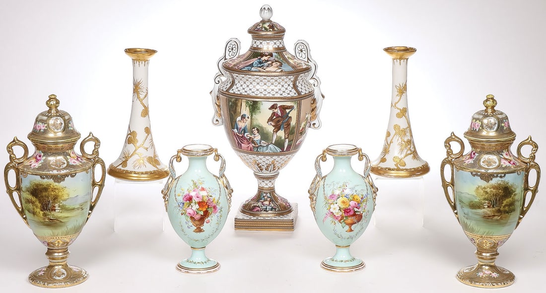 GOOD HANDPAINTED PORCELAIN GROUP: GOOD HANDPAINTED PORCELAIN GROUP. Comprising seven individual pieces, including a pair of matching hand-painted gilt-decorated lidded urns, painted with bucolic landscapes, likely Nippon; a pair of ma