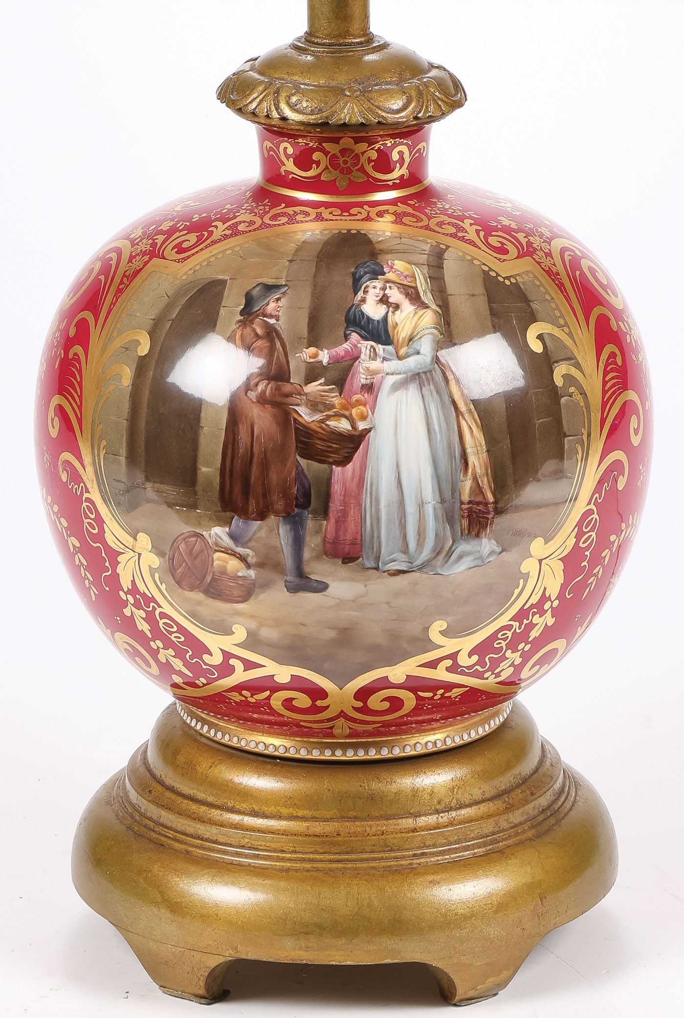 IMPRESSIVE HAND PAINTED PORCELAIN VASE/LAMP: IMPRESSIVE HAND PAINTED PORCELAIN VASE/LAMP. Of bulbous form with short cylindrical neck, the front finely painted with a fruit seller within a gilt scrolled reserve on a magenta ground. The painting 