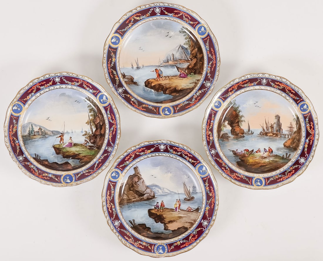 4 HAND PAINTED PORCELAIN PLATES, 19TH C: 4 HAND PAINTED PORCELAIN PLATES, 19TH C. The cavetto of each painted with an oceanside scene with boats and figures, the borders banded with ribbon-tied floral swags and urns on a magenta ground, and 
