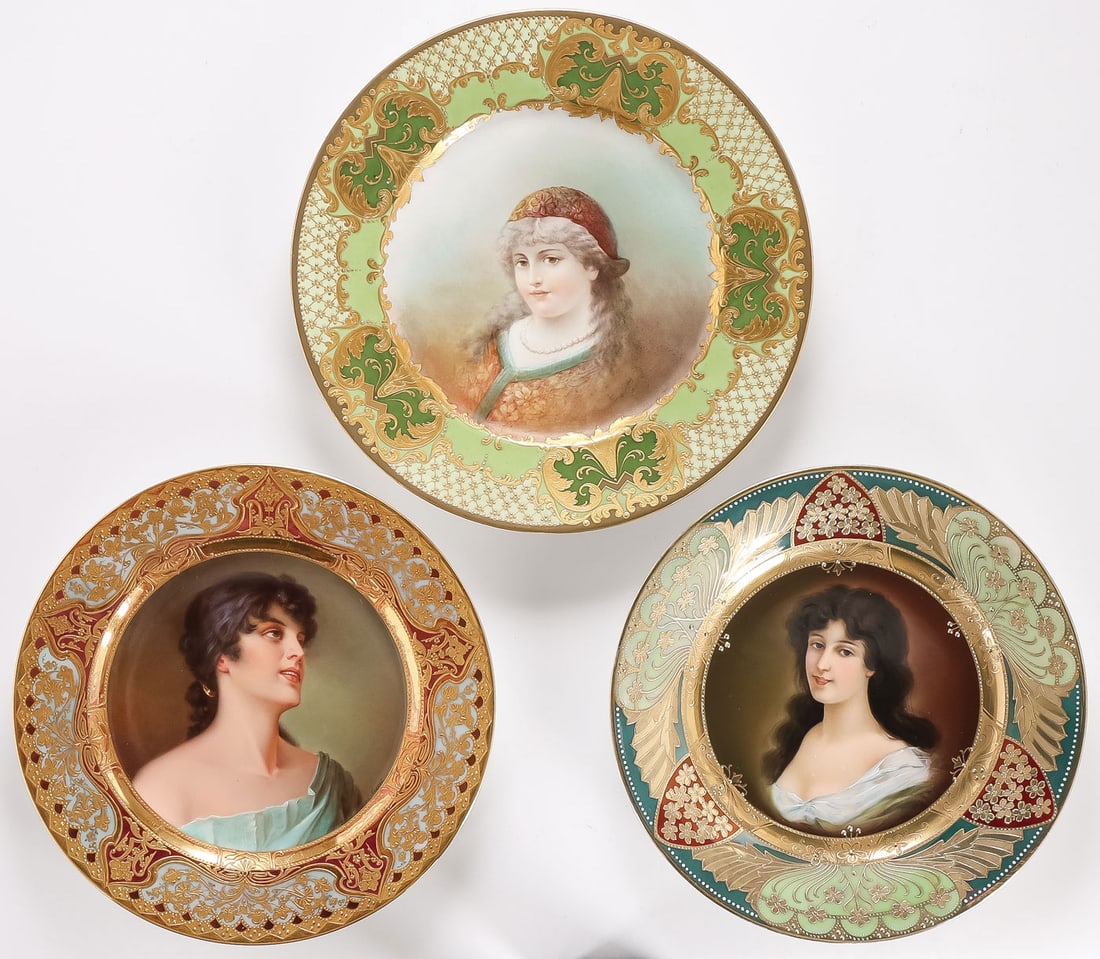 3 FINE HAND PAINTED CABINET PLATES, C. 1900: 3 FINE HAND PAINTED CABINET PLATES, C. 1900. Comprising three finely painted and hand-decorated porcelain cabinet plates. From top to bottom, left to right, they include a French Limoges plate: the ca