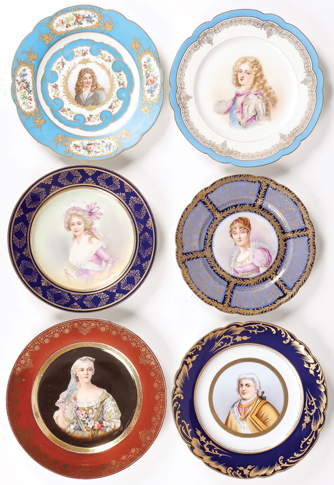 6 HAND PAINTED PORTRAIT PLATES: 6 HAND PAINTED PORTRAIT PLATES. Comprising six finely painted porcelain portrait plates, from top to bottom, left to right: a Sevres plate painted with a portrait of the French playwright Moliere with