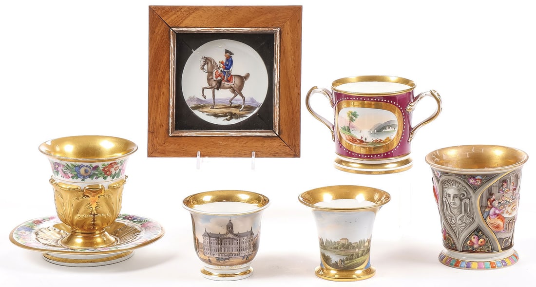 GOOD EUROPEAN PORCELAIN GROUP: GOOD EUROPEAN PORCELAIN GROUP. Comprising six individual pieces, including a good Italian Ginori Doccia porcelain relief beaker, the underside with gold leaf mark, height 4.5 inches (11.4cm); an Old P