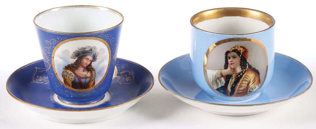 3 LIKELY FRENCH LARGE PORCELAIN CUPS & SAUCERS: 3 LIKELY FRENCH LARGE PORCELAIN CUPS & SAUCERS, 19TH C. Comprising a large cup with painted medallion portrait of a Persian on blue ground with gilt banding and matching saucer, diameter of saucer 7 i