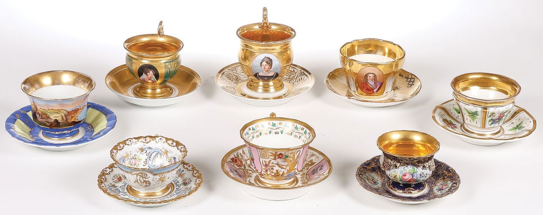 GOOD BIEDERMEIER PORCELAIN GROUP: GOOD BIEDERMEIER PORCELAIN GROUP. Comprising eight large Biedermeier period porcelain cups and saucers. Including one topographical example, three portrait cups, one with oval medallion portrait of Em