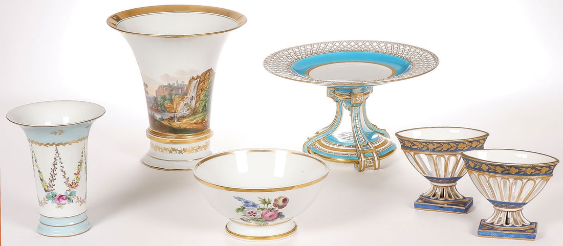 FRENCH & OTHER PORCELAIN GROUP: FRENCH & OTHER PORCELAIN GROUP. Comprising six individual pieces, including a large and impressive cylindrical vase with flared rim, exquisitely painted with a bucolic landscape depicting figures near