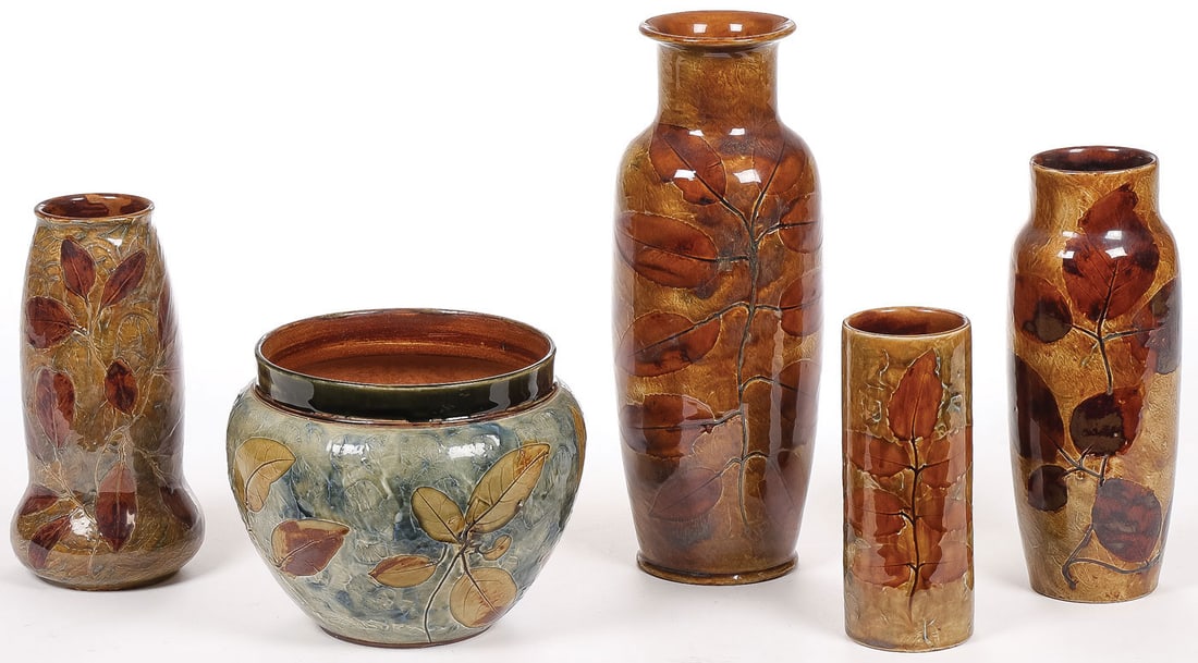 5 PCS DOULTON AUTUMN FOLIAGE: 5 PCS DOULTON AUTUMN FOLIAGE. Comprising four vases and jardinière in Royal Doulton Autumn Foliage pattern, each with impressed marks on underside. Greatest height 12 inches (30.5cm). SHIPPING NO