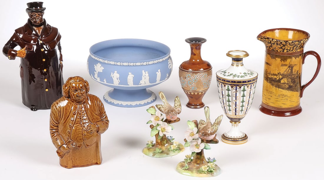 INTERESTING ENGLISH CERAMICS GROUP: INTERESTING ENGLISH CERAMICS GROUP. Comprising a blue jasperware footed bowl banded in relief cameo-style classical figures, a Doulton Lambeth Slaters baluster-form vase with raised turquoise and whit