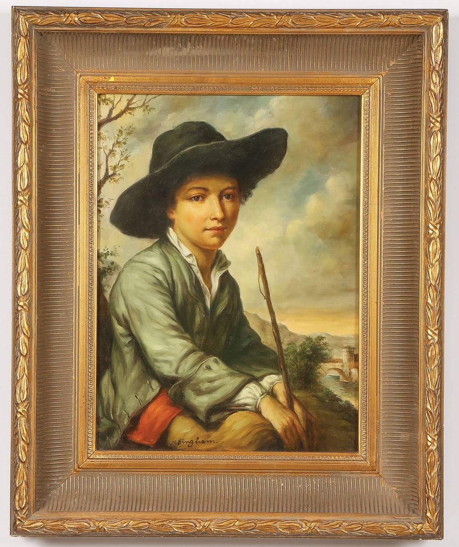 FINE PAINTED CERAMIC PLAQUE: FINE PAINTED CERAMIC PLAQUE. Comprising a finely painted ceramic plaque of a young boy seated in a landscape after the French painter Catherine Lusurier (1752 ? 1781), artist signed "N. Bingham," 16 x