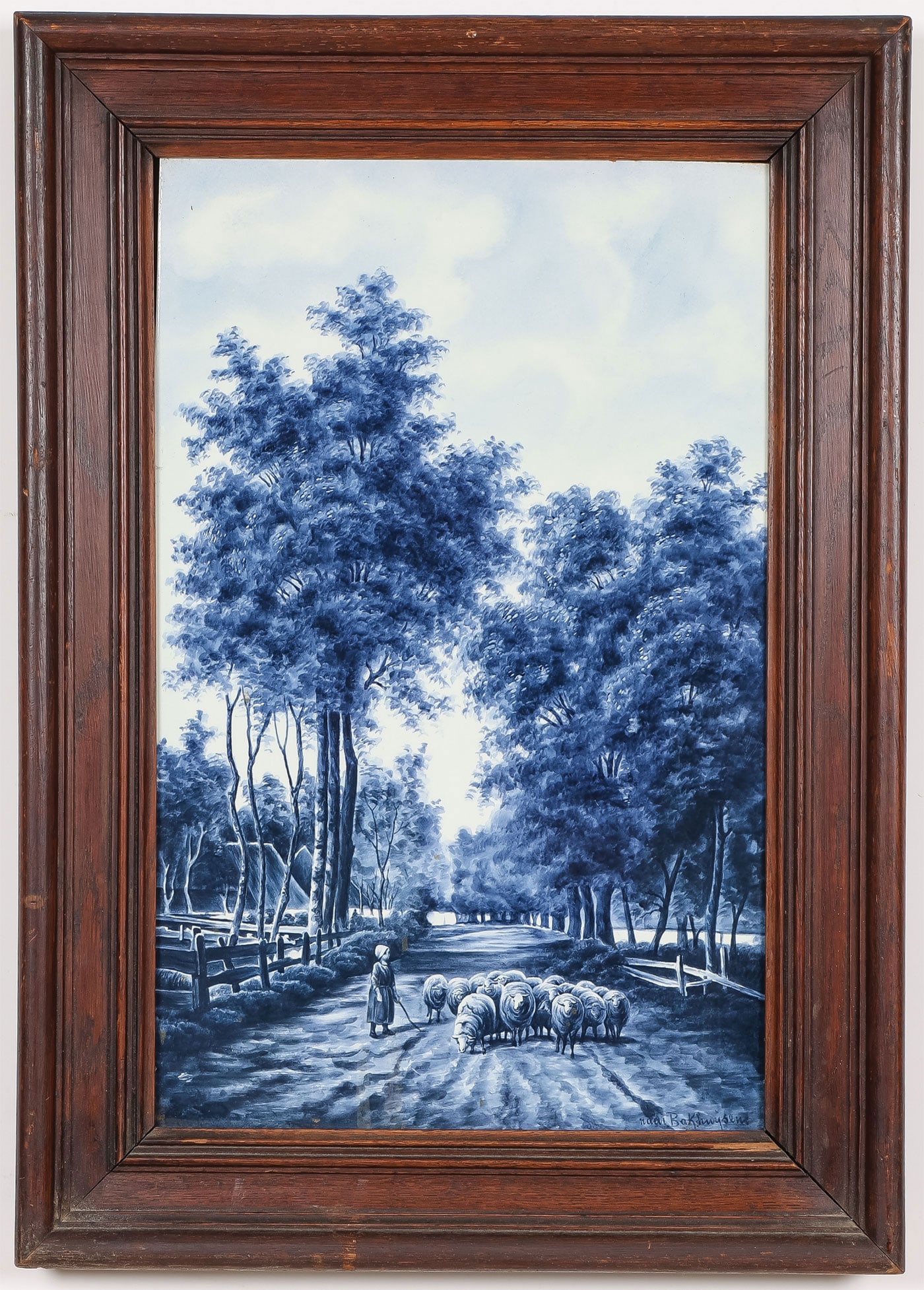 IMPRESSIVE HAND PAINTED DELFT PLAQUE, 19th C: IMPRESSIVE HAND PAINTED DELFT PLAQUE, 19th C. Comprising a large and impressive hand-painted Delft plaque depicting a young shepherdess herding sheep on a wooded lane, after the painting by Hendrick