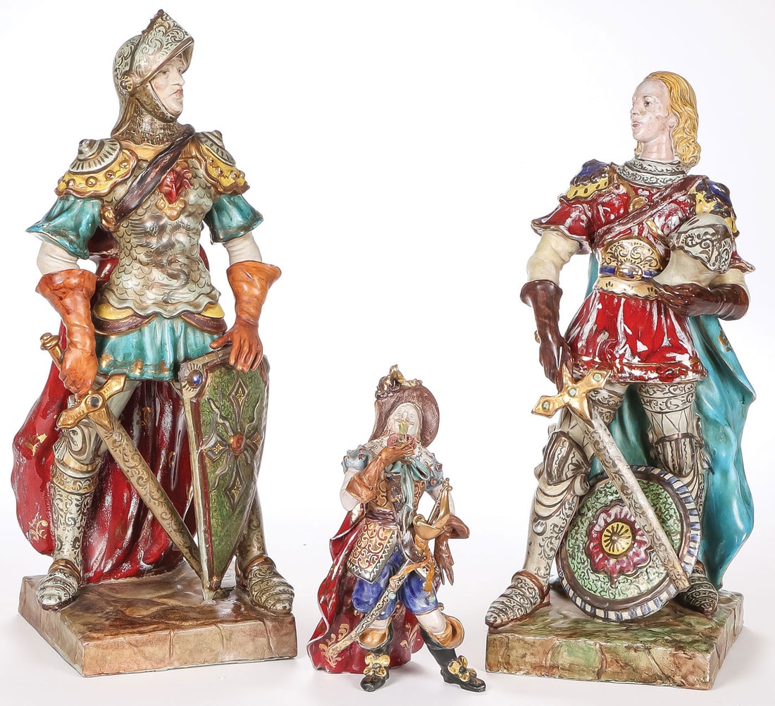 PR LARGE PATARRINO KNIGHTS: PR LARGE PATARRINO KNIGHTS. Comprising a pair of large, impressive, finely sculpted gilt and glaze decorated standing knights (repaired shield on one). Together with a smaller musketeer, each signed.