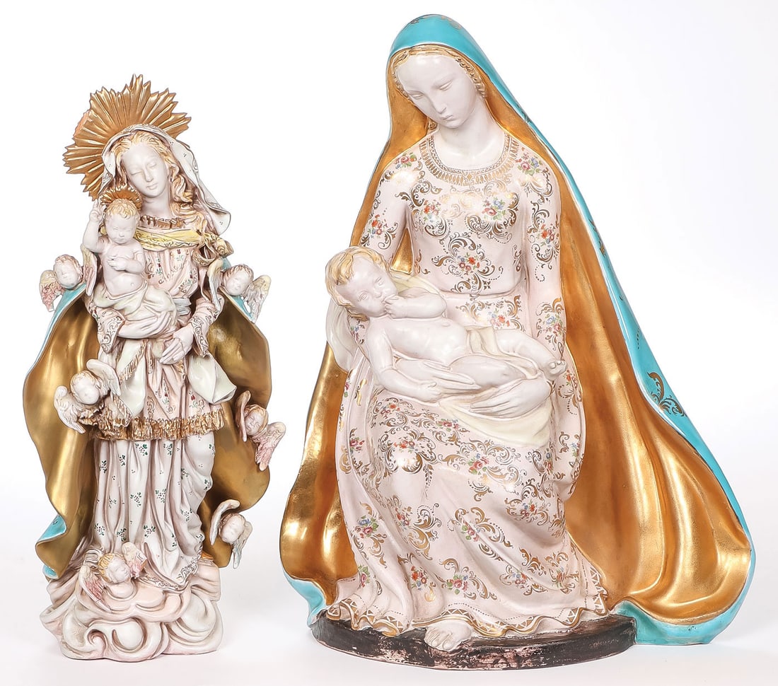 PR OF PATTARINO GLAZED MADONNAS: PR OF PATTARINO GLAZED MADONNAS. Comprising a pair of beautifully sculpted glazed and gilt decorated figures including a seated Madonna and Child and a standing Madonna and Child (some losses and old