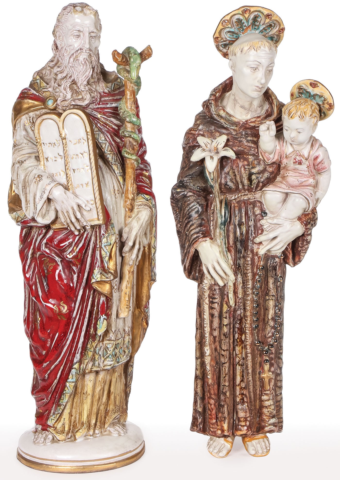 PR OF PATARRINO RELIGIOUS FIGURES: PR OF PATARRINO RELIGIOUS FIGURES. Comprising a full-length freestanding glazed and gilt decorated figure of Moses. Together with a lovely glazed half-round sculpted wall plaque of Saint Anthony of