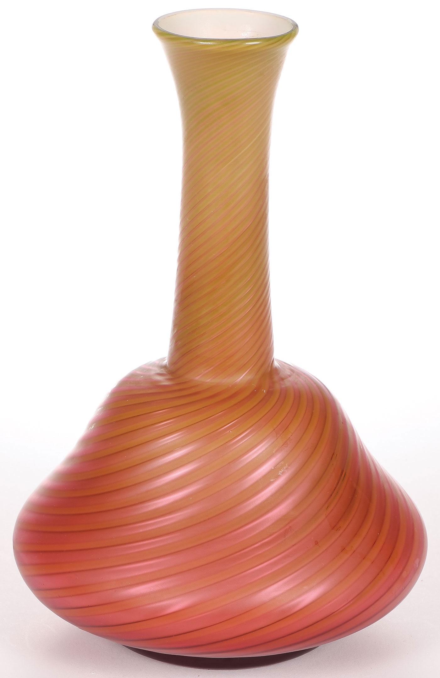 STEVENS & WILLIAMS POMPEIAN SWIRL VASE: STEVENS & WILLIAMS POMPEIAN SWIRL VASE. Comprising a good Stevens & Williams Pompeian Swirl glass stick-form vase, amber and pink satin finish, with ground pontil. Height 7 inches. SHIPPING NOTICE: I