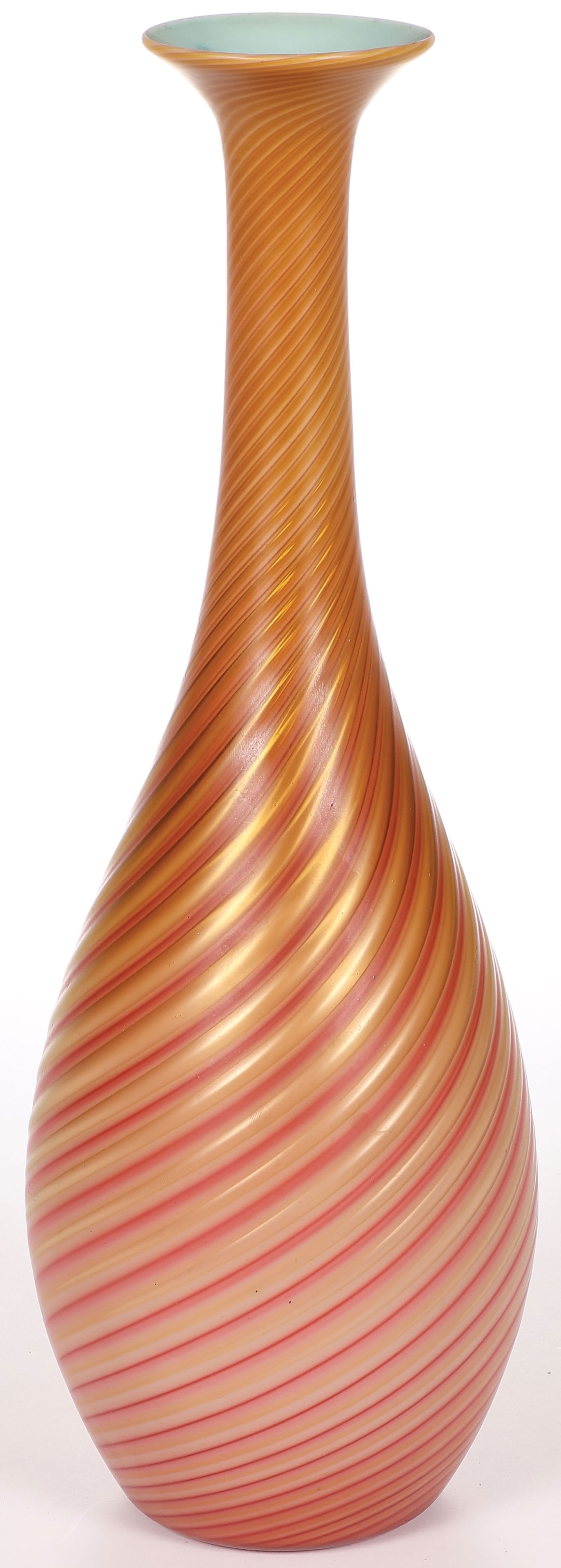 LARGE STEVENS & WILLIAMS SWIRL VASE HT 16.75": LARGE STEVENS & WILLIAMS SWIRL VASE HT 16.75". Comprising a large and impressive Stevens & Williams Pompeian swirl bottle-form vase, satin finish with flared rim. Height 16.75 inches. SHIPPING