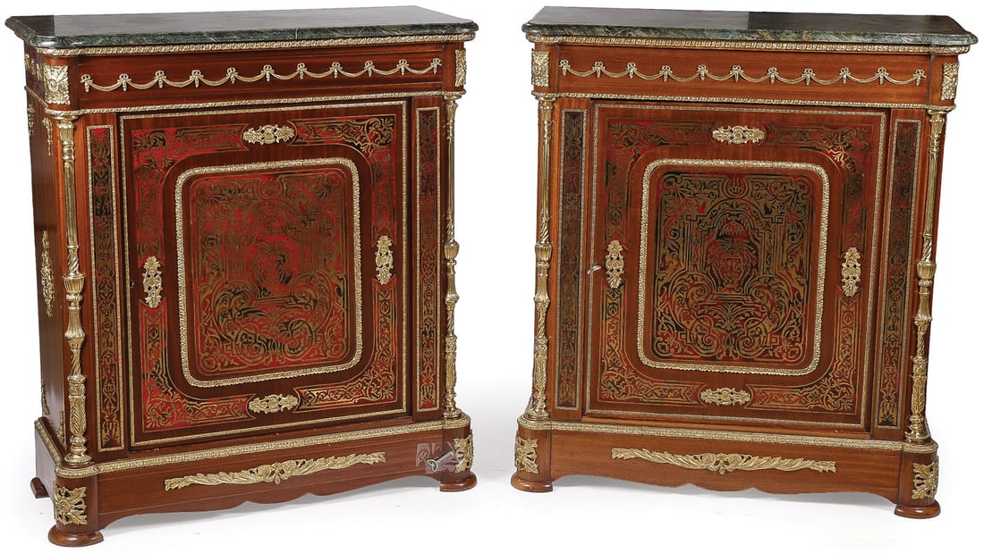 PR FRENCH BOULLE MARBLE TOP CABINETS, 19TH C (1 of 2)