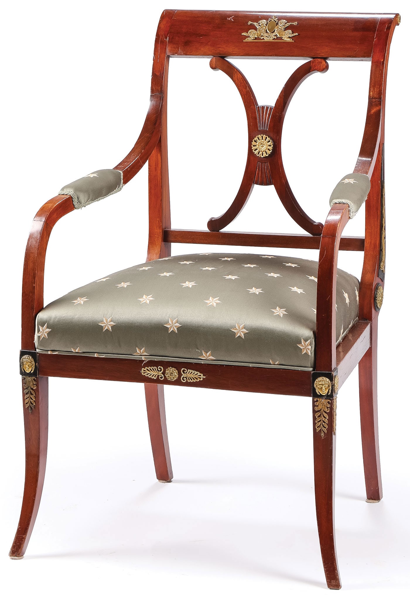 FRENCH EMPIRE SIDE CHAIR: FRENCH EMPIRE SIDE CHAIR. Comprising a lovely ormolu-decorated French Empire side chair with green fabric and gold star patterns. Very fine room-ready condition. Height 36.25 inches (92.1cm), width 22
