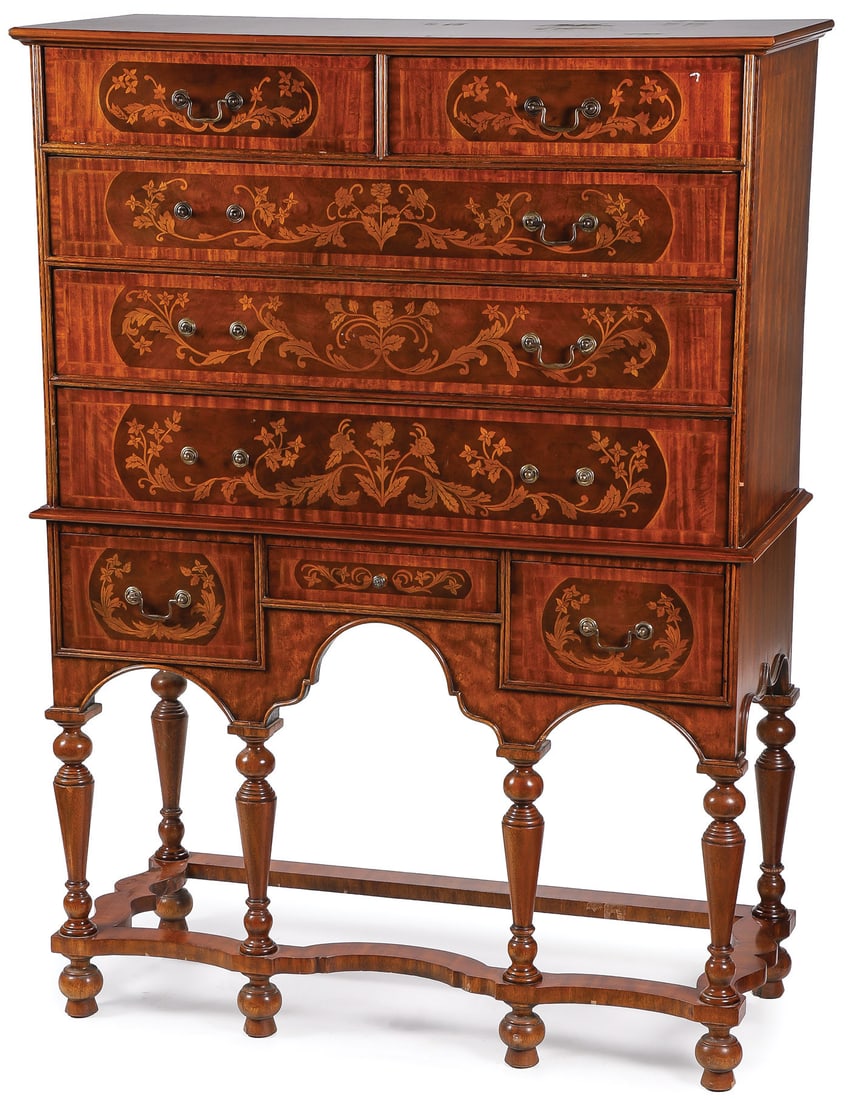 GOOD WILLIAM & MARY STYLE HIGH BOY: GOOD WILLIAM & MARY STYLE HIGH BOY. Comprising an inlaid William and Mary style highboy with a five-drawer top over a three-drawer base resting on six turned legs joined by curved stretchers. Each
