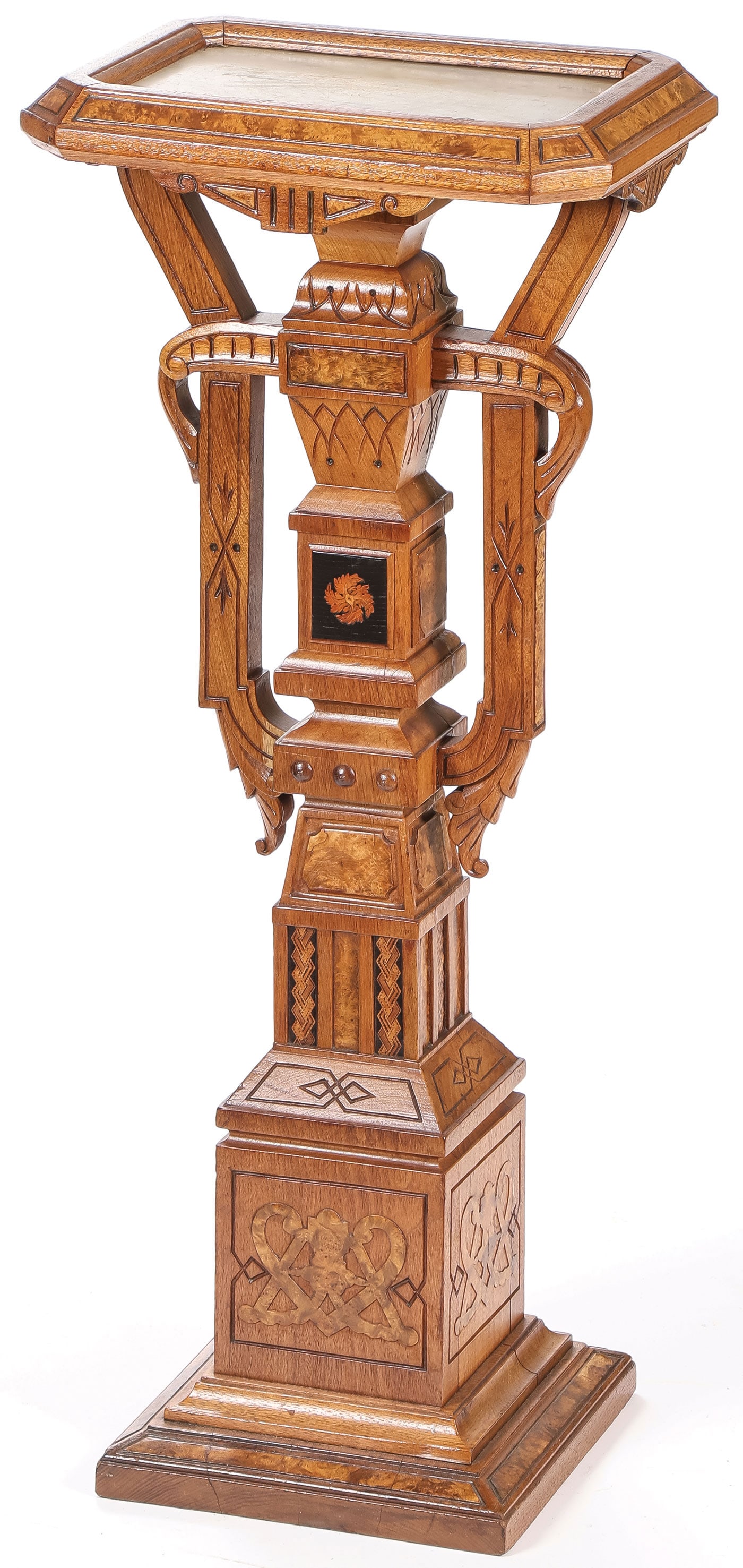 GREAT RENAISSANCE REVIVAL PEDESTAL: GREAT RENAISSANCE REVIVAL PEDESTAL. Comprising an ornate burled, carved, inlaid and open work Renaissance Revival pedestal with rectangular surface with squared corners and inset marble. Height 36