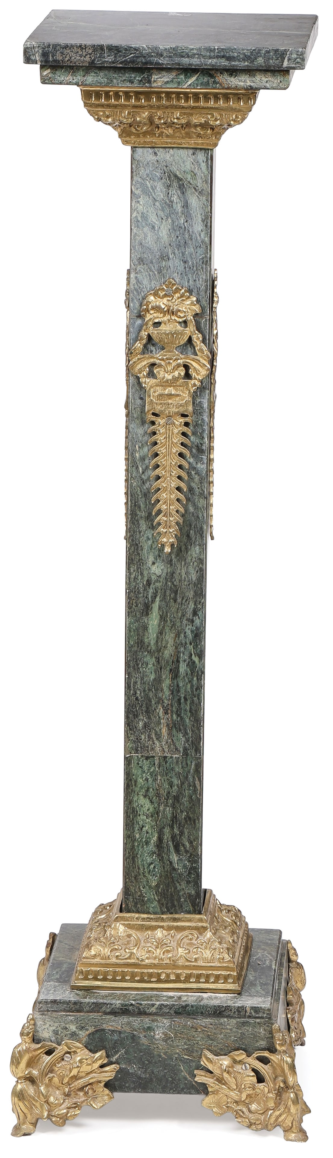 ORMOLU DECORATED MARBLE PEDESTAL: ORMOLU DECORATED MARBLE PEDESTAL. Comprising an ornate ormolu-mounted marble pedestal stand, with ormolu feet, square stepped base, square pedestal set with ormolu decorative plaques beneath an overha