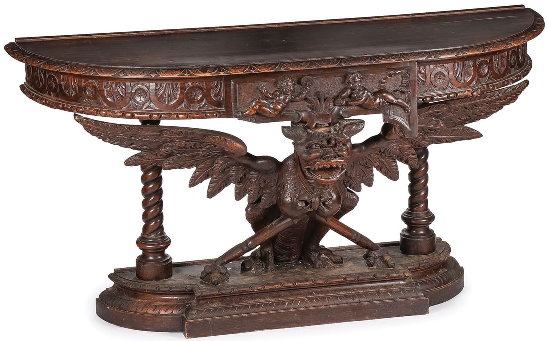 UNIQUE CARVED GARGOYLE CONSOLE TABLE, 19TH C (1 of 2)